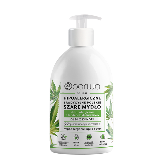 Hipoalergiczne Tradycyjne Polskie Szare Mydło w płynie z olejem z konopi Barwa 500 ml